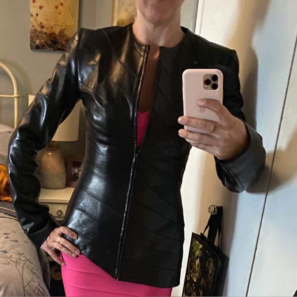 Herve Leger Black Leather Asymmetrical Bandage Jacket